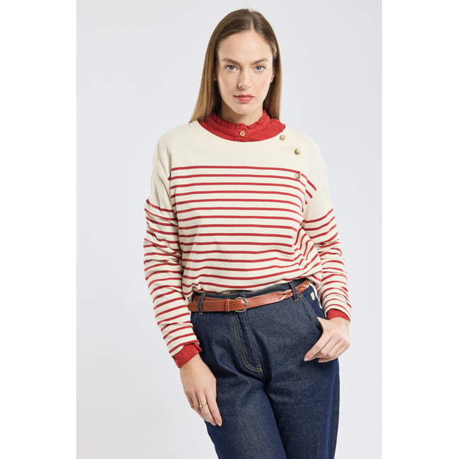 Marinière col boutonné en coton épais nature/passata <span itemprop=