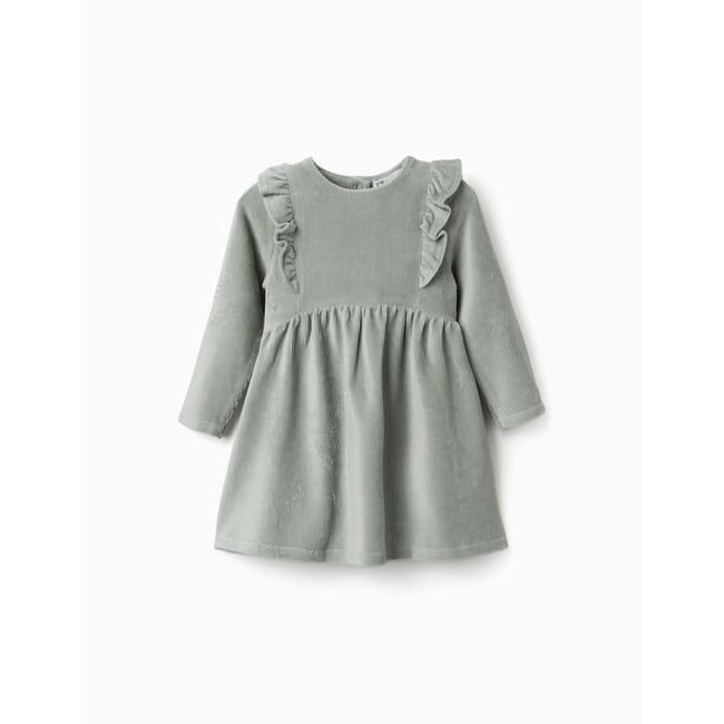 Robe en velours côtelé à manches longues avec volants vert <span itemprop=