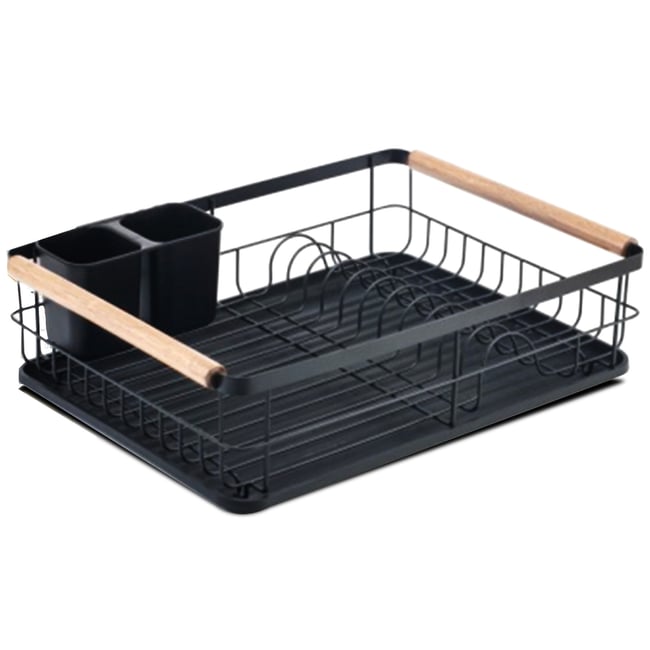 Égouttoir à vaisselle noir et bois avec porte-couverts noir <span itemprop=