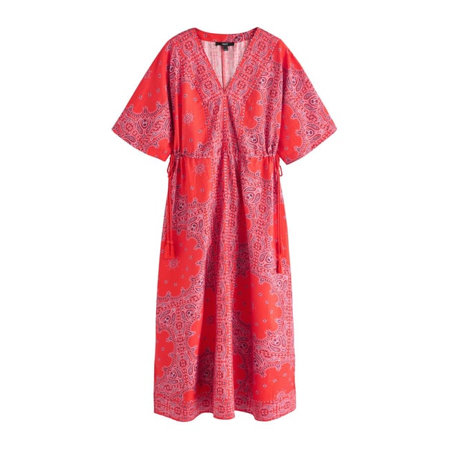 Robe caftan longue à manches courtes et col v imprimé bandana rouge <span itemprop=