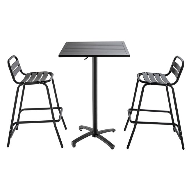 Table de jardin grise mange debout et deux tabourets hauts gris <span itemprop=