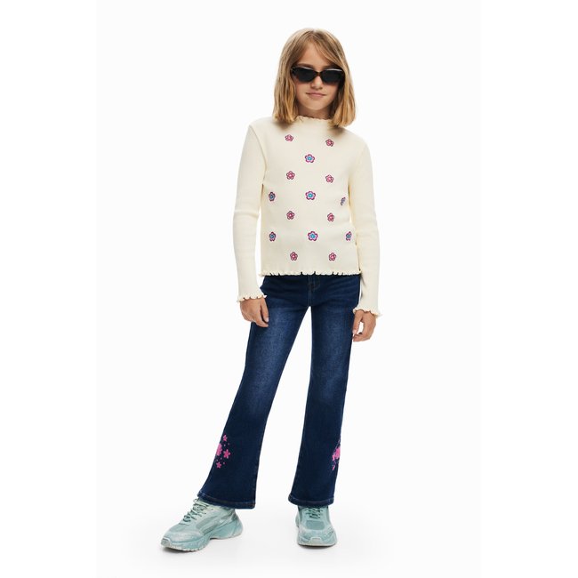 T-shirt à manches longues à fleurs beige <span itemprop=