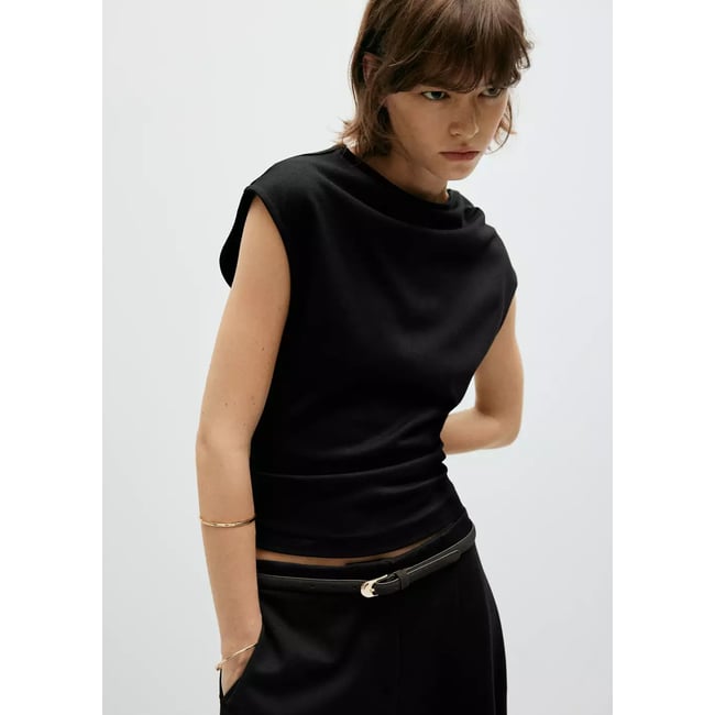 Top asymétrique drapé noir <span itemprop=