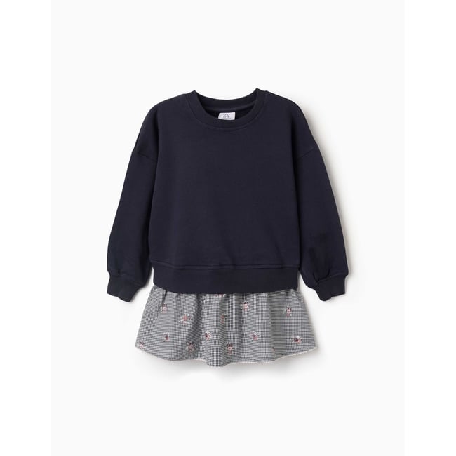 Robe bi-matière en coton avec motif Vichy bleu foncé <span itemprop=