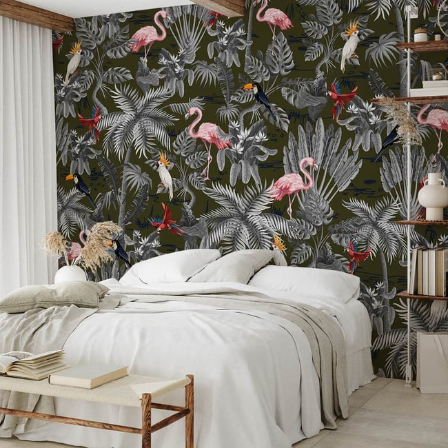 Papier peint panoramique flamants tropicaux Couleur intissé <span itemprop=