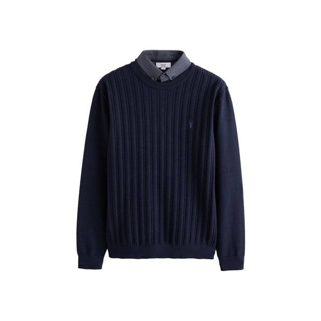 Pull standard en maille torsadée col chemise bleu marine <span itemprop=