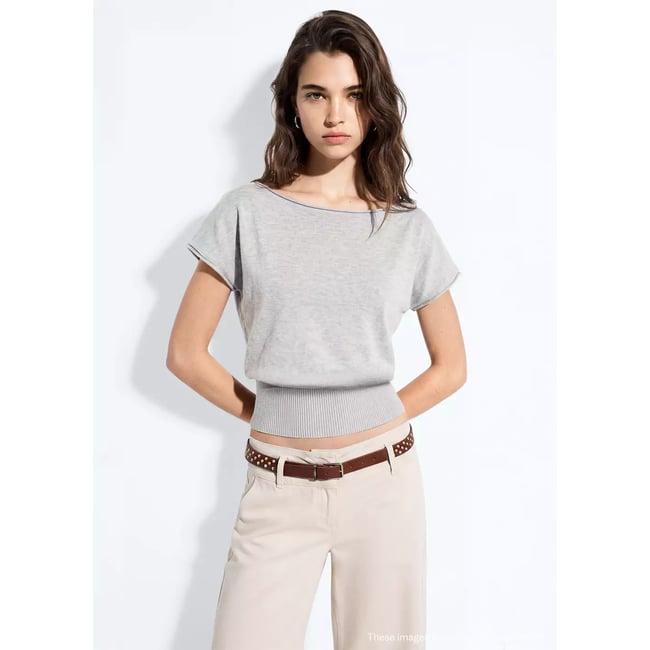 Pull en maille à manches courtes gris chiné moyen <span itemprop=