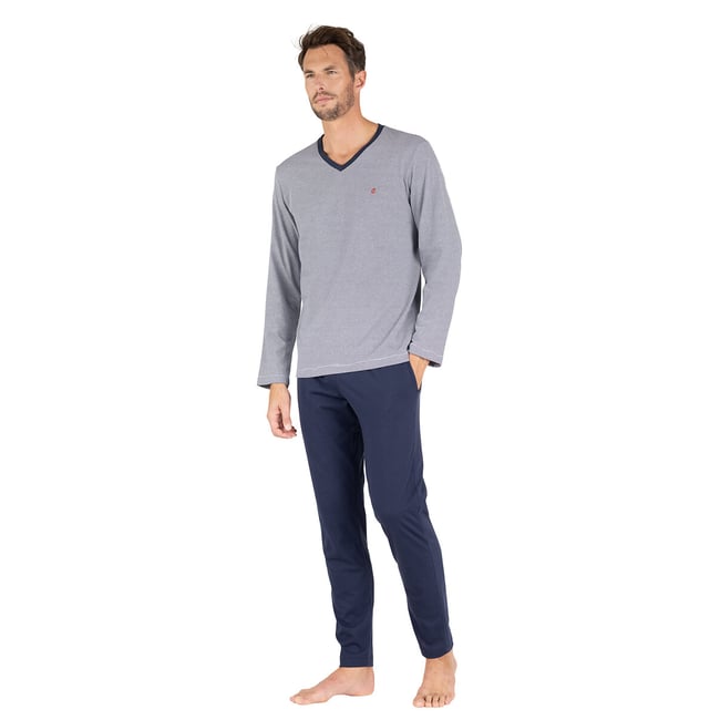 V-neck pyjamas with striped top, navy blue, EMINENCE