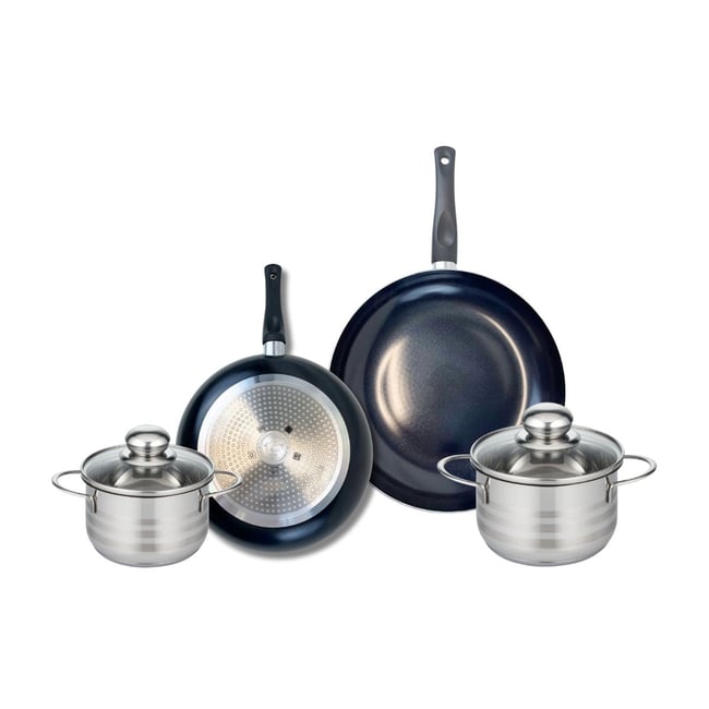 Batterie 2 poêles 24/28cm + 2 faitouts 14/16cm PRIMA BRILLANT noir <span itemprop=
