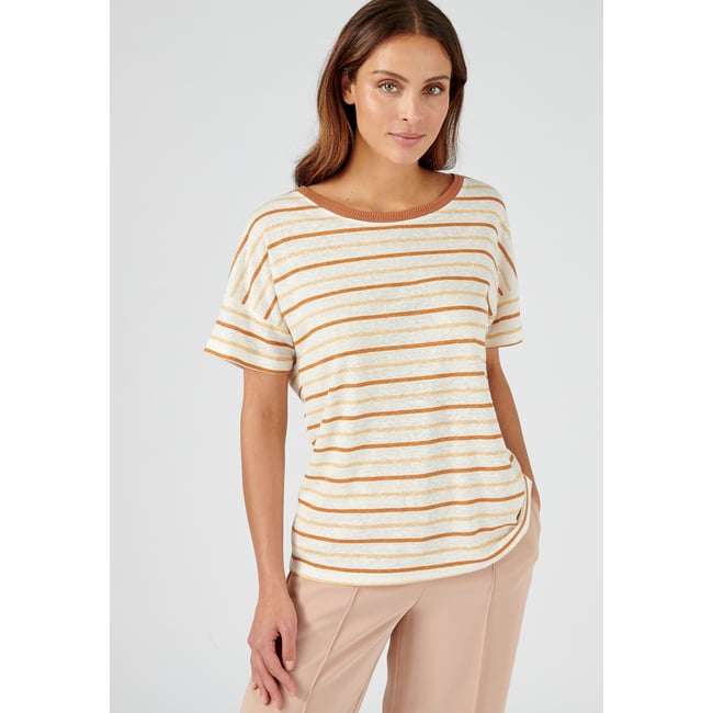 Tee-shirt à rayures en lin majoritaire marron beige rayé <span itemprop=