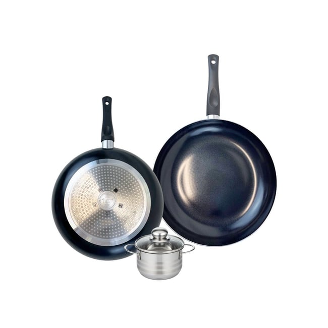 Batterie 2 poêles 28/32cm + 1 faitout 12cm PRIMA BRILLANT noir <span itemprop=