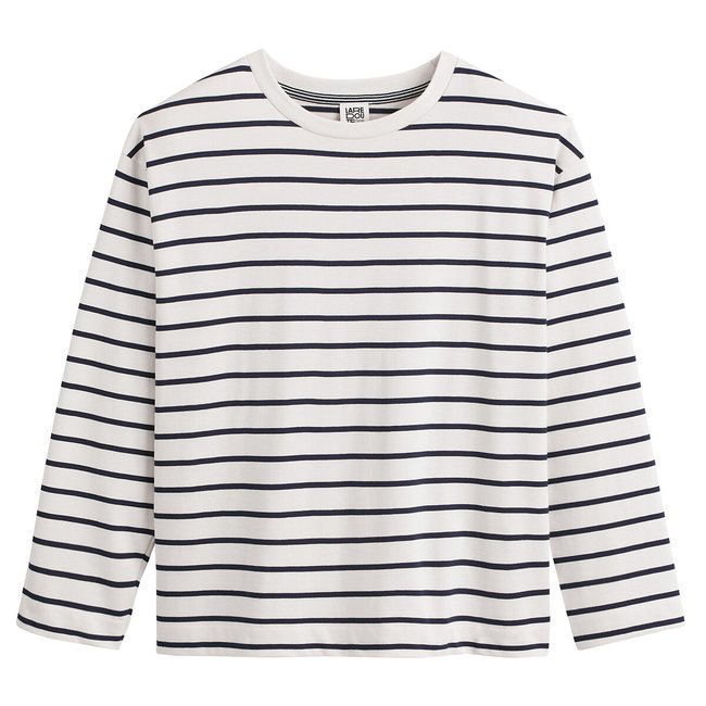 Striped Cotton T-Shirt with Crew Neck and Long Sleeves, ecru/navy striped, LA REDOUTE COLLECTIONS
