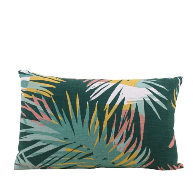 Coussin effet lin motifs feuillage 30x50cm vert <span itemprop=