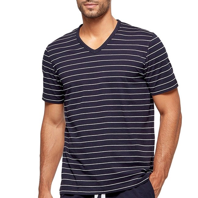 Haut de pyjama rayé manches courtes en coton BIO ORGANIQUE Oeko-Tex bleu <span itemprop=