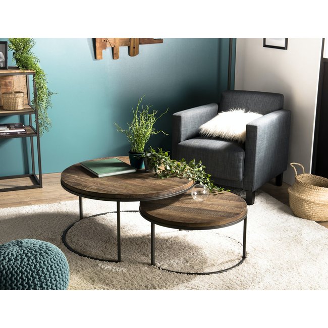Table basse gigogne ronde en teck recyclé style contemporain industriel SWING (2 pièces) Couleur bois naturel <span itemprop=