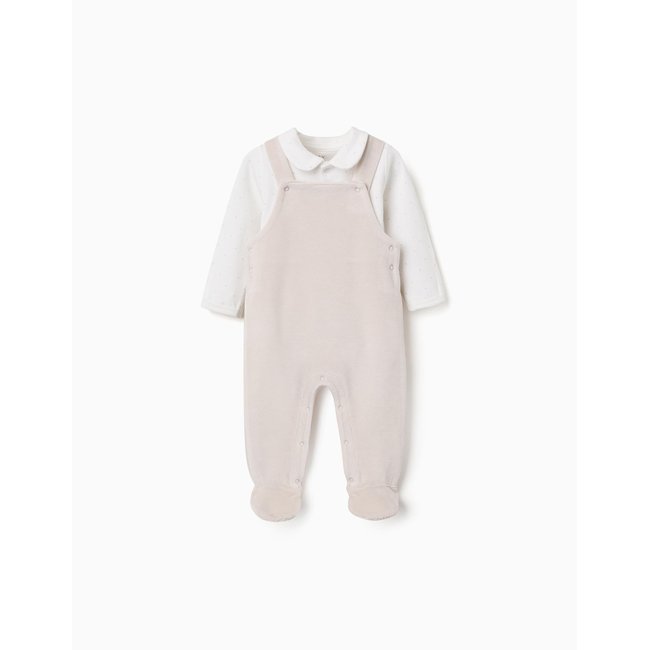 Ensemble body en coton + salopette en velours gris clair <span itemprop=