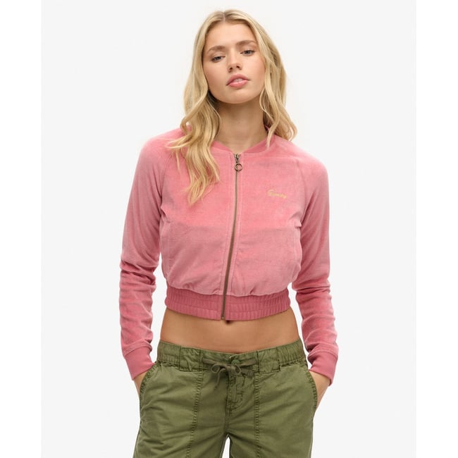 Haut de baseball zippé en velours brodé rose poudré manille <span itemprop=