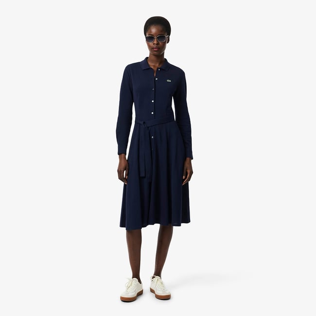 Belted Polo Shirt Dress with Long Sleeves, navy, LACOSTE