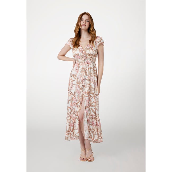 Robe Longue Jacquard Froissé rose floral <span itemprop=