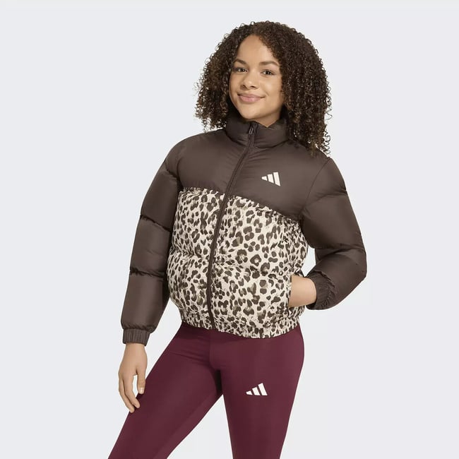 Daunenjacke ohne Kapuze, Leopardenmuster braun <span itemprop=
