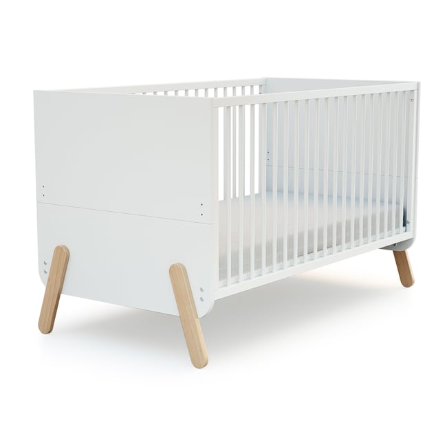 Lit bébé évolutif en bois PIRATE blanc et hêtre verni <span itemprop=