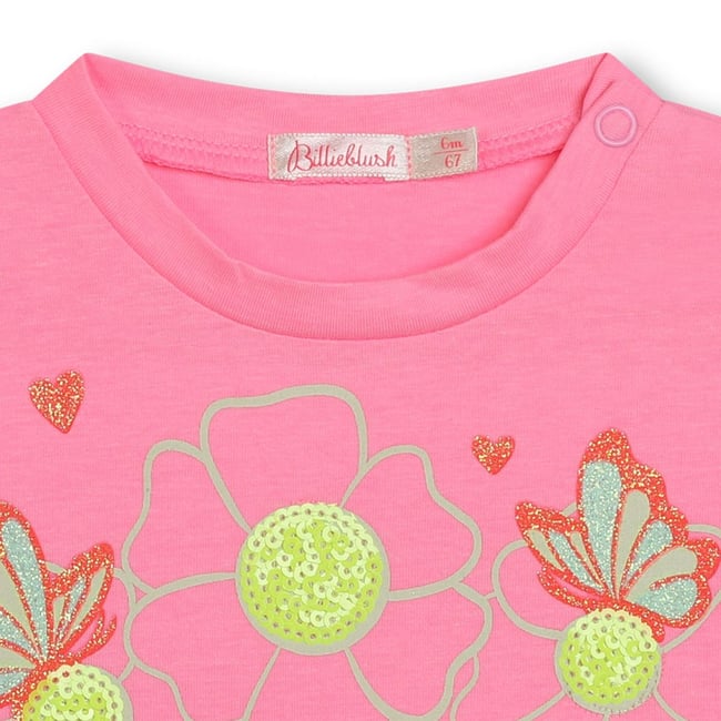 T-shirt Manches Courtes Billieblush Bleu Avec Cœurs Multicolores - 100% Coton - Modèle U20087 81K