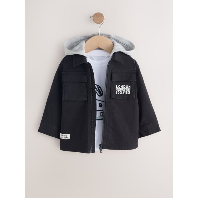 Surchemise à capuche et t-shirt en sergé ripstop noir <span itemprop=