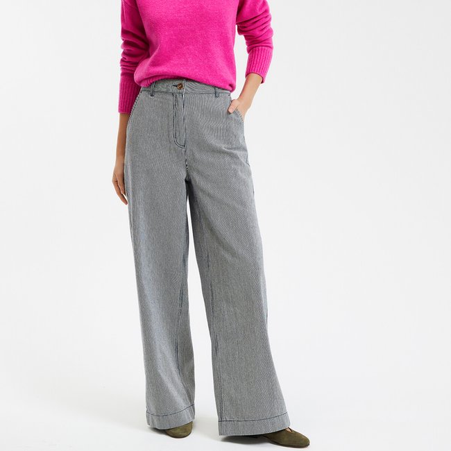 Pantalon large taille haute rayé marine/blanc <span itemprop=
