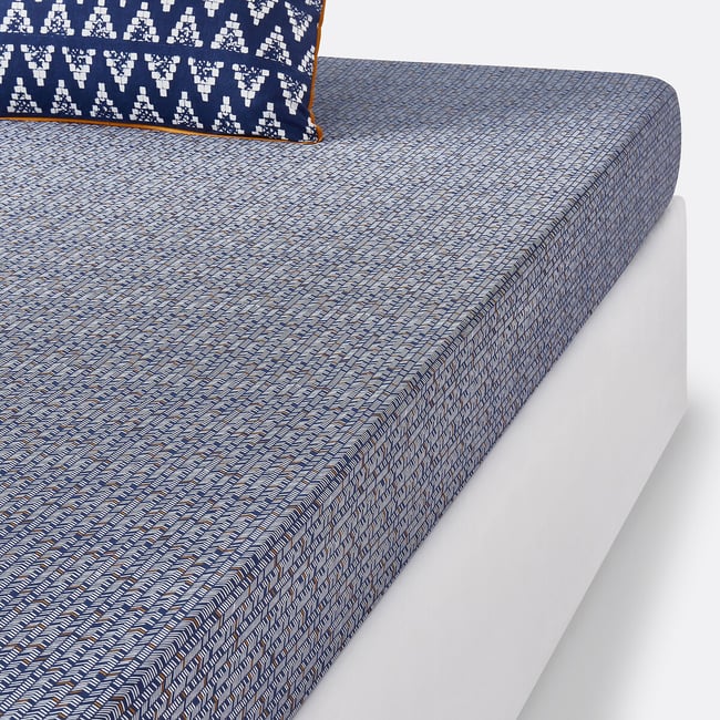 Drap housse coton, Popayan imprimé bleu/gris <span itemprop=