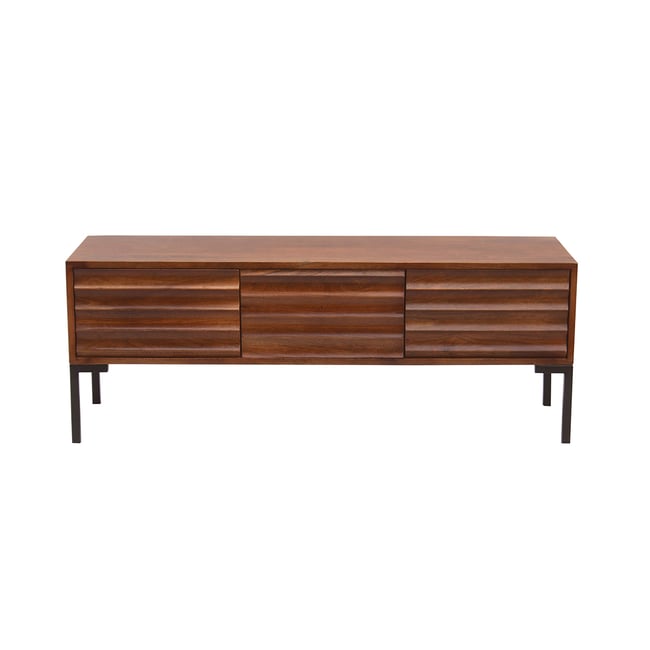 Meuble TV en bois foncé manguier massif et métal noir 3 portes L120 cm ONDA Couleur noyer <span itemprop=