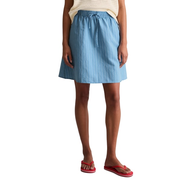 Jupe évasée à rayures en mélange de lin et de coton bleu <span itemprop=