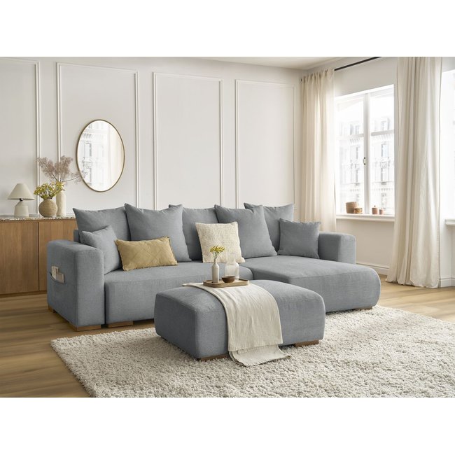 Canapé d'angle convertible 5 places en tissu chiné avec pouf, SIDONIE - BOBOCHIC