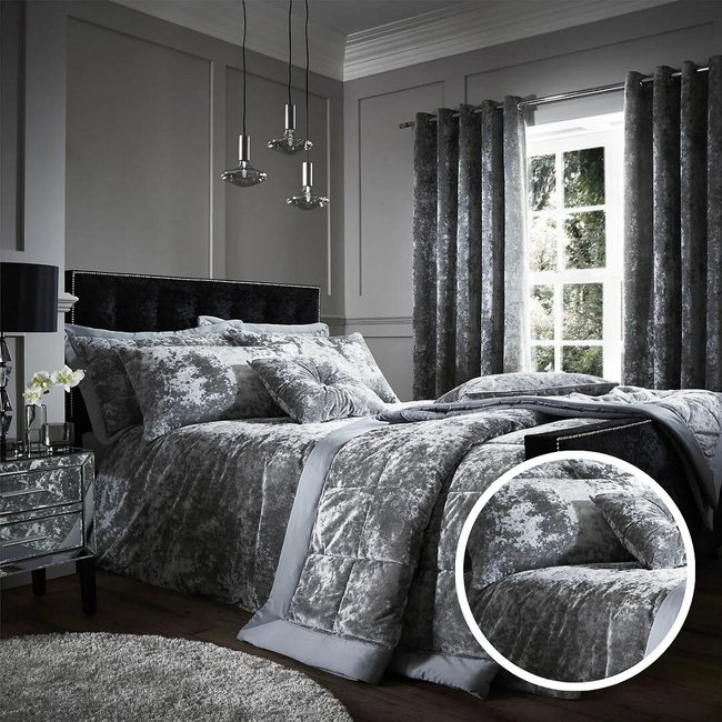 Crushed Velvet Cotton Mix Duvet Cover and Pillowcase Set, silver-coloured, CATHERINE LANSFIELD