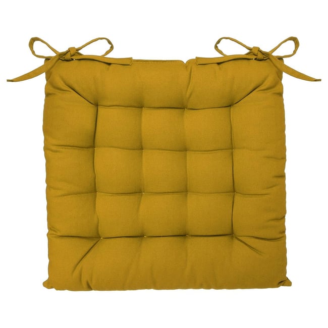 Galette de chaise carrée en coton ocre <span itemprop=