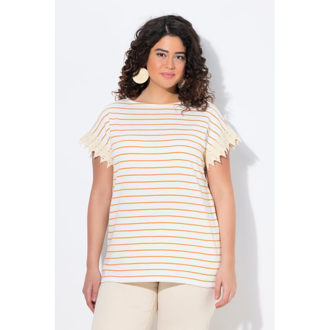 T-shirt rayé en coton bio. Col bateau et jaune miel <span itemprop=