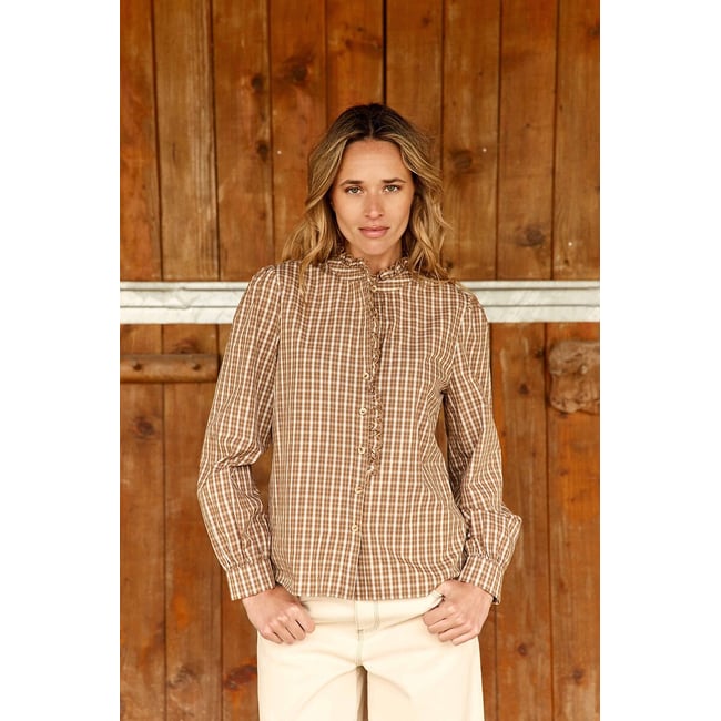 Blouse à carreaux et volants, BETHANIE camel <span itemprop=