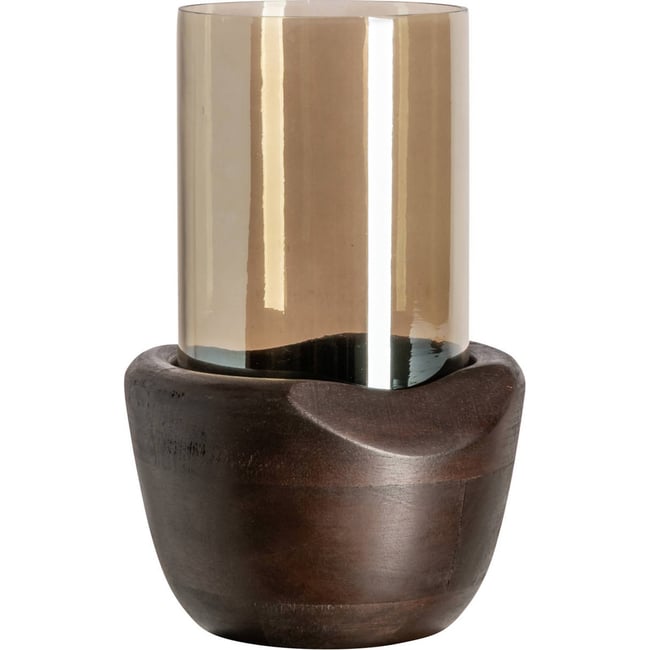 Photophore en verre et bois Couleur noyer <span itemprop=