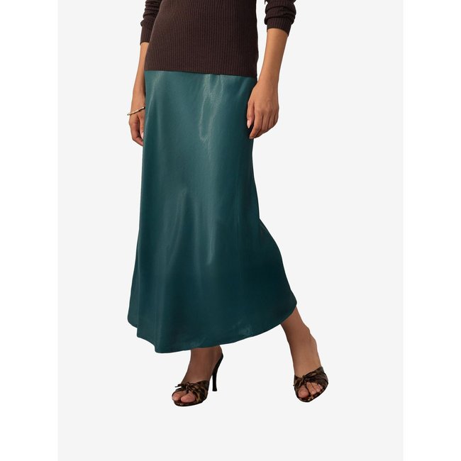 Jupe mi-longue en satin bleu sarcelle <span itemprop=