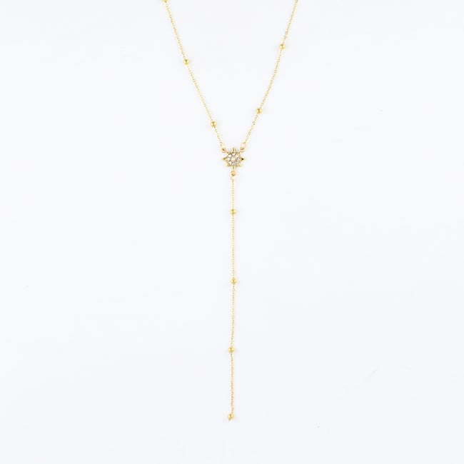Collier chaîne Y acier inoxydable et étoile strassée doré <span itemprop=