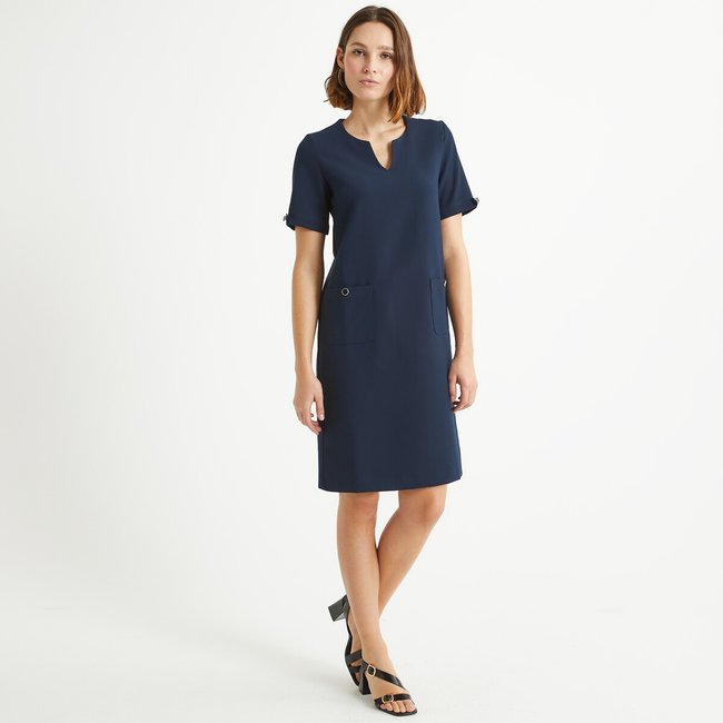 Rechte jurk halflang korte mouwen marineblauw Anne Weyburn La Redoute