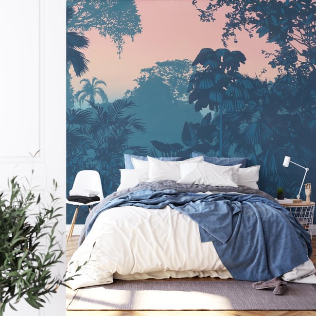 Papier peint panoramique avec paysage jungle bleu d'une peinture - 255x260 cm (l x h) Couleur bleu <span itemprop=