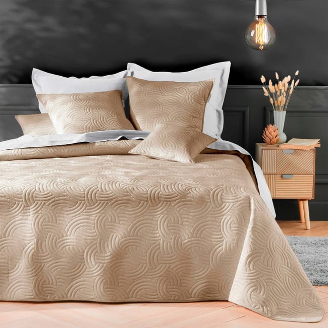 Couvre-lit 2 personnes matelassé 240x260 + 2 taies SOLANGE Lin beige <span itemprop=