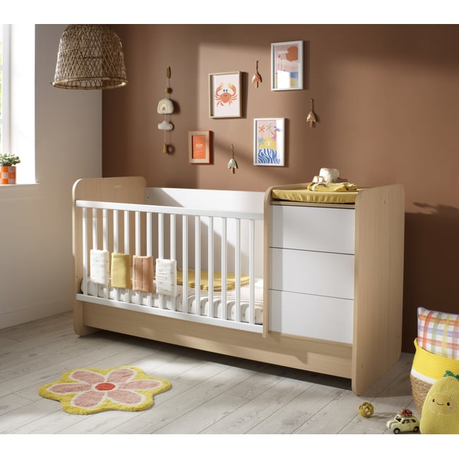 Lit combiné évolutif avec commode à langer 3 tiroirs beige/blanc <span itemprop=