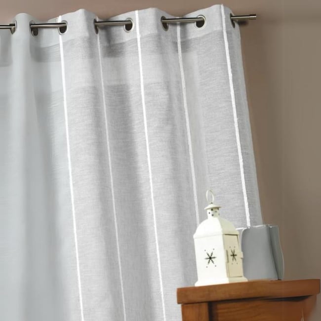 Voilage Fin Rayé ROCLE - Blanc 140x260 Cm - Polyester Léger Avec Oeillets Argent - Protège Des Regards Sans Tout Obscurcir