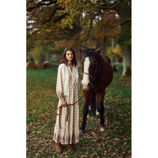 Rym draping maxi dress with v-neck and long sleeves, printed pink blush, LA PETITE ETOILE