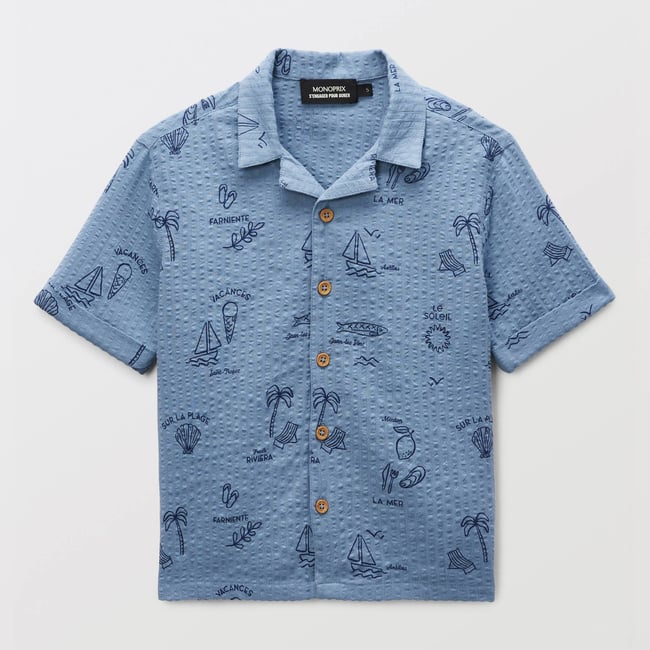 Chemise manches courtes imprimée en seersucker en coton BIO GOTS tornade <span itemprop=