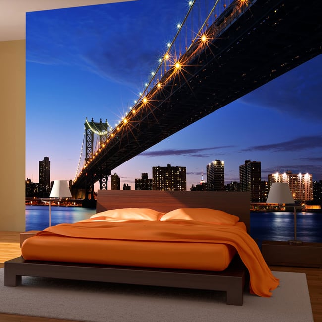 Papier peint intissé panoramique Ville et Architecture Manhattan Bridge illuminé la nuit Couleur noir <span itemprop=