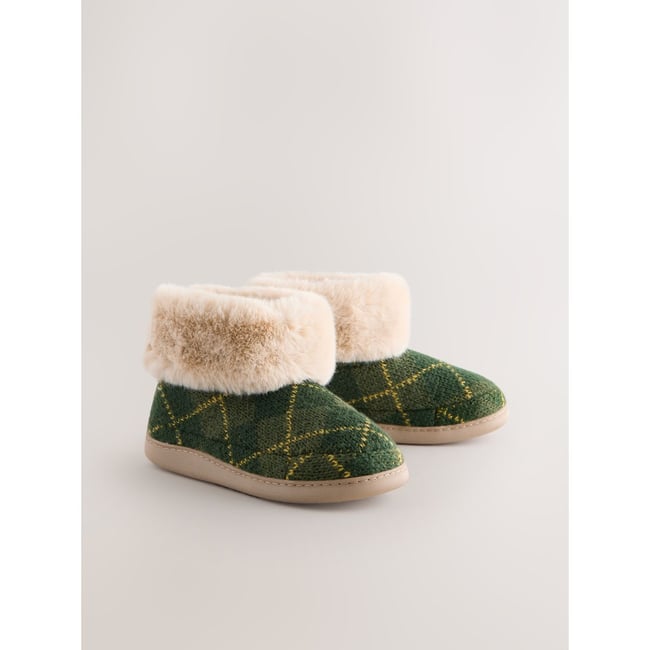 Bottines chaussons en imitation fourrure argyle vert <span itemprop=