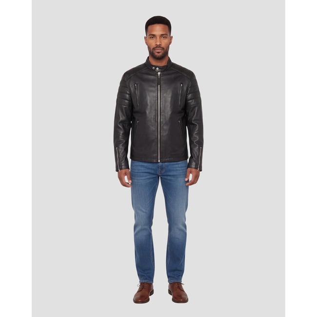 Blouson motard, cuir d'agneau noir <span itemprop=