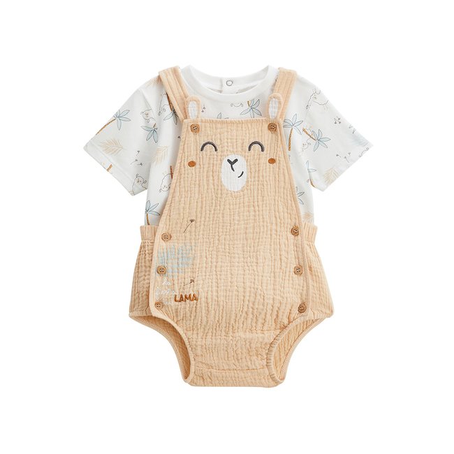 Ensemble salopette bébé en gaze de coton et t-shirt Noisette orange <span itemprop=